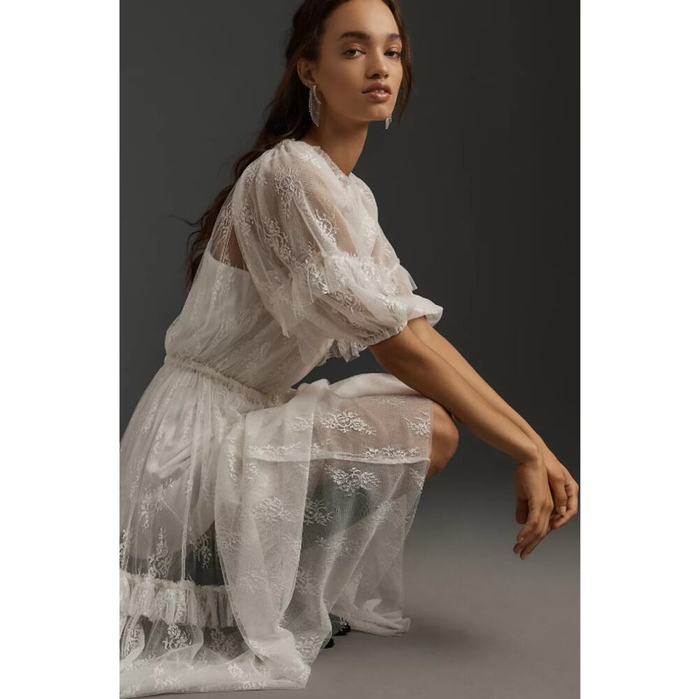 Anthropologie LET ME BE Short-Sleeve Ruffle Lace Maxi Dress in White M NWT $198